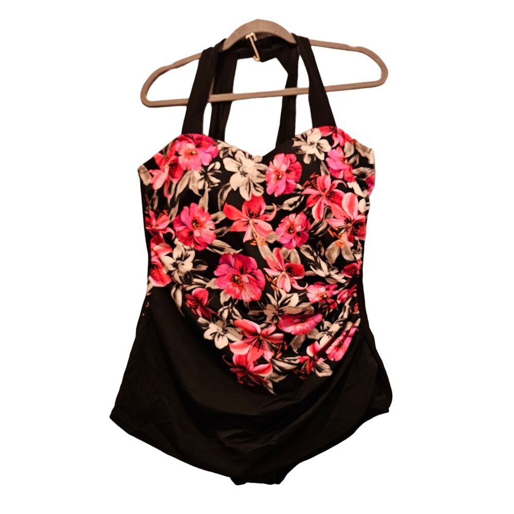 Croft & Barrow One Piece Swimsuit Womens 16 Floral Skirted gather Bright Pool